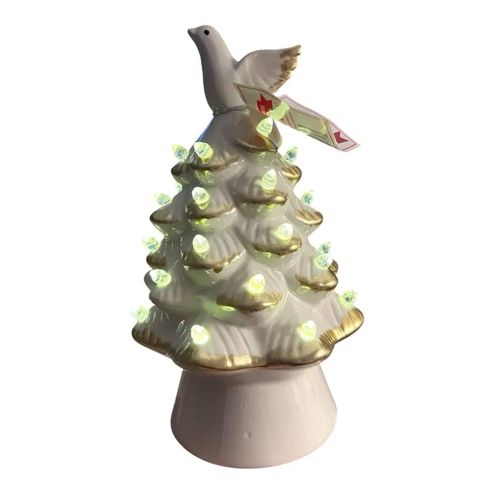 Mr Christmas Ceramic Christmas Tree Peace on Earth White Dove Lit Timer 8.5 x 5
